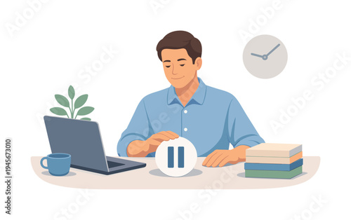A professional setting clear boundaries to maintain healthy productivity during the workday, visual metaphor of a calm office worker gently placing a simple pause symbol between a laptop and