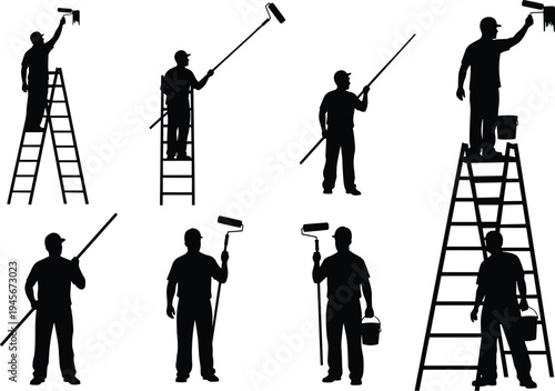 House painter silhouettes with ladder, paint roller and bucket, professional wall painting workers, home renovation maintenance service, construction decorator illustration collection