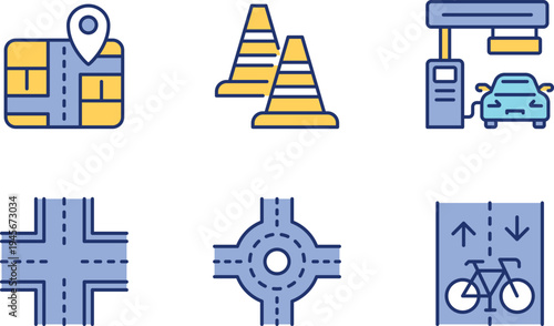 Common road signs and traffic management symbols for urban driving safety
