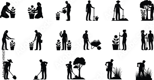 Gardeners silhouettes planting flowers, digging soil and watering plants, landscaping and garden maintenance activities, horticulture workers outdoor gardening illustration set