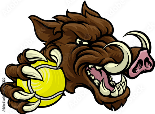 A wild boar, hog razorback warthog pig mean tough cartoon sports mascot holding a tennis ball 