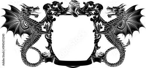 Wyvern dragons coat of arms or crest family heraldry medieval heraldic knight shield with helmet and acanthus filigree scroll ornament in a vintage woodcut style.