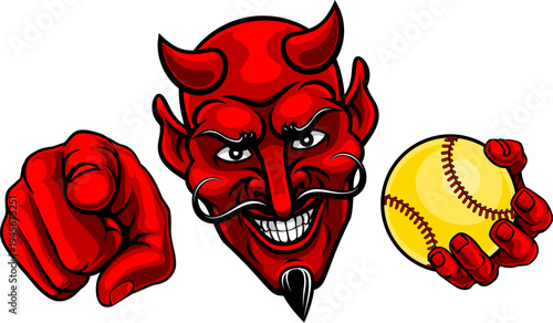 A devil man holding softball ball and pointing sports team mascot illustration.