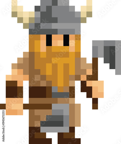Viking adventurer or enemy fantasy cartoon character in a video game sprite pixel art style. 21 squares wide by 25 high.