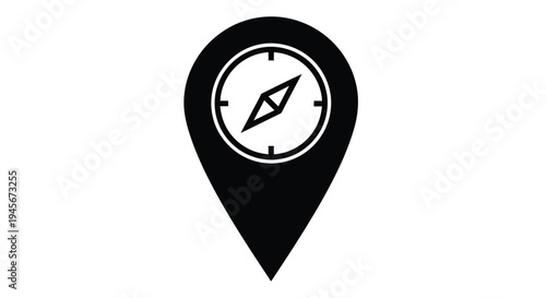 Black map marker icon featuring a compass indicating location and direction