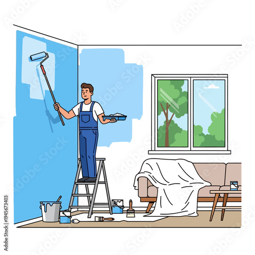 Man painting a room blue with a roller, home renovation and interior design