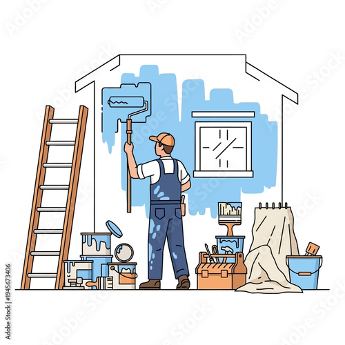 House painting, painter with roller painting wall blue, renovation, home improvement