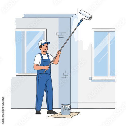 Painter in blue overalls applying white paint to exterior wall with roller