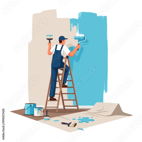 Painter on ladder painting wall blue with roller and brush, home renovation