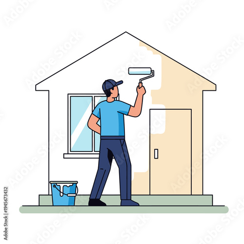 Painter painting house exterior with roller, home improvement, renovation, exterior wall painting