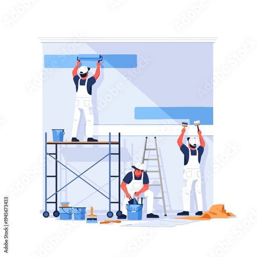 Painters applying wallpaper to a wall using scaffolding and ladders, interior renovation