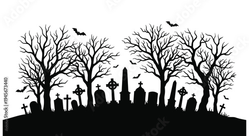 A spooky graveyard scene with bare trees and headstones silhouette