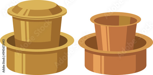 Traditional South Indian filter coffee brass and copper metal tumbler and dabara sets used for serving hot beverages in an authentic classic cultural style design.