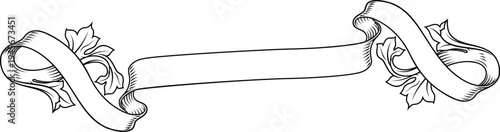 A scroll with filigree medieval crest coat of arms heraldic style pattern motif. In a vintage woodcut etching style.