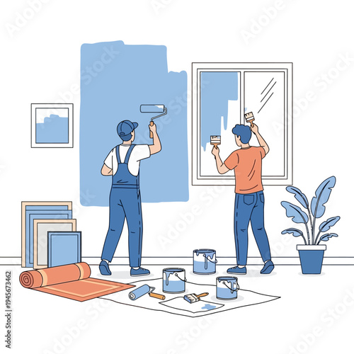 Painters painting a room blue with rollers and brushes, home renovation concept