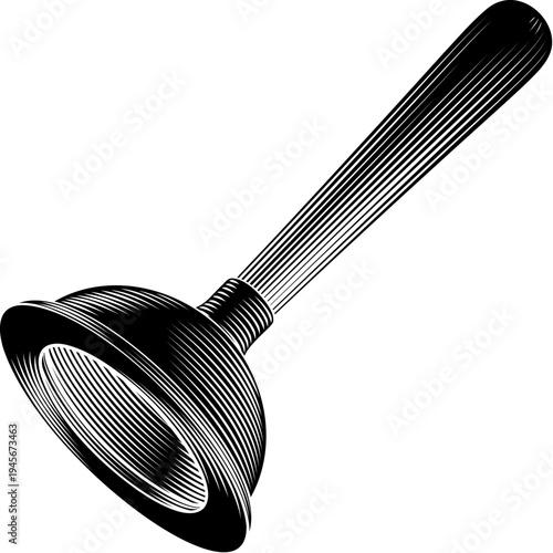 Black and white vintage woodcut style drawing of classic plumber suction pump cup plunger tool. 