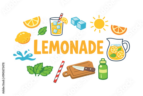 Lemonade ingredients and refreshing drink illustration with sun and water splash. A vibrant and playful illustration showcasing the elements of making and enjoying lemonade
