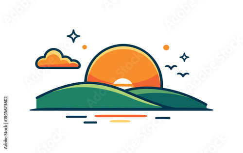 Peaceful evening moment in nature at the end of a warm day, a large setting sun touching the horizon line above a simple landscape hill expressing calmness, reflection, and the soothing