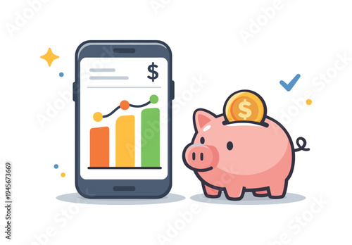 Piggy bank and smartphone displaying financial growth chart with coin. A cute piggy bank receives a gold coin next to a mobile phone showing a positive financial trend graph
