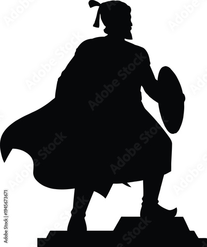 Fotografi Powerful black silhouette of the legendary Indian Maratha warrior king Chhatrapati Shivaji Maharaj standing proudly with a shield and sword for historical monuments