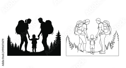 Family hiking together with a child nature scene black silhouette