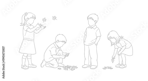 Children playing with falling leaves a charming black outline silhouette