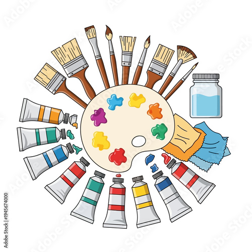 Art supplies: paint tubes, palette, brushes, water jar, and cloth arranged in a circle