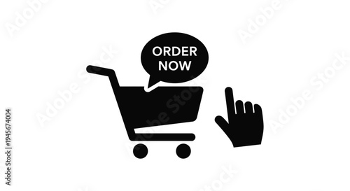 Shopping cart and hand clicking promoting order now silhouette
