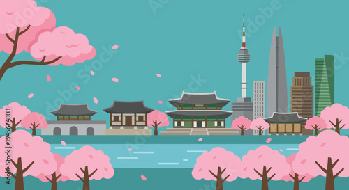 Scenic spring landscape of Seoul South Korea skyline featuring historic traditional palaces modern skyscrapers and blooming pink cherry blossom trees along a river.