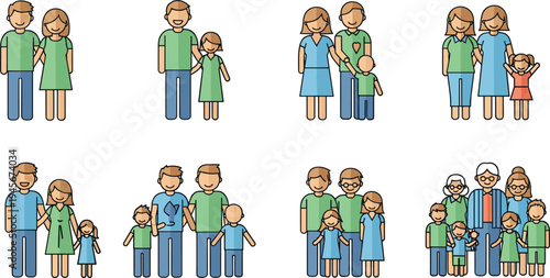 Family groups with parents children and grandparents happy family people characters collection lifestyle vector illustration