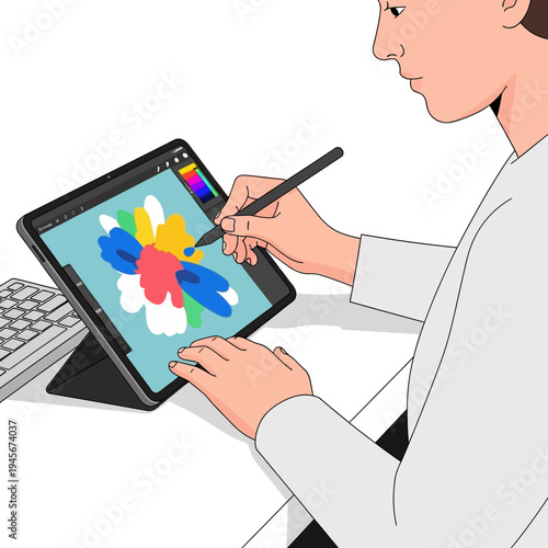Artist drawing digital flower art on tablet with stylus, creative workflow, modern design