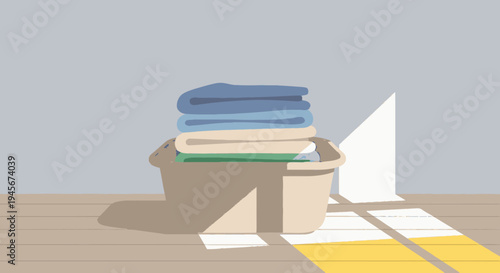 Stack of Blankets and Towels in Basket.