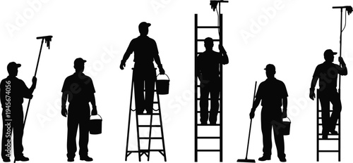 Painter worker silhouettes set with ladder, paint roller and bucket, house painting service, professional decorators working, home renovation maintenance illustration collection
