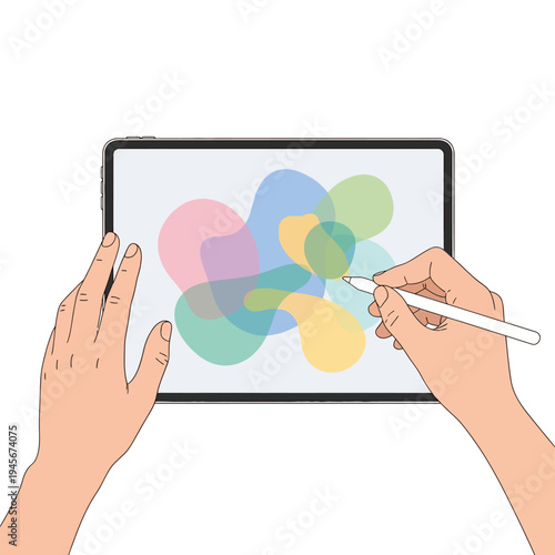 Artist hands drawing abstract colorful shapes on digital tablet with stylus pen, top view