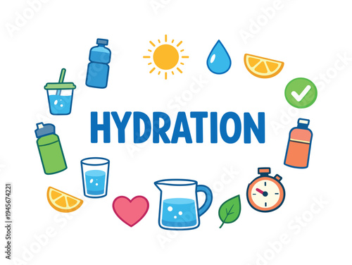Hydration concept with water bottles, sun, and healthy lifestyle icons. A collection of colorful cartoon icons representing hydration, health, and well-being, centered around the