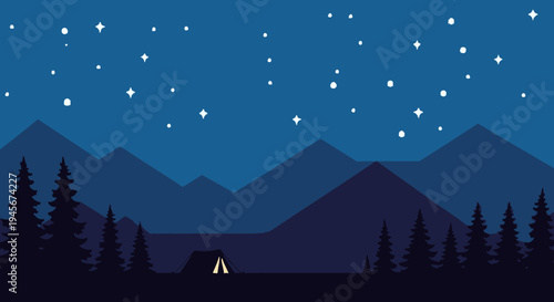 Tent Under Starry Night Sky Mountains.