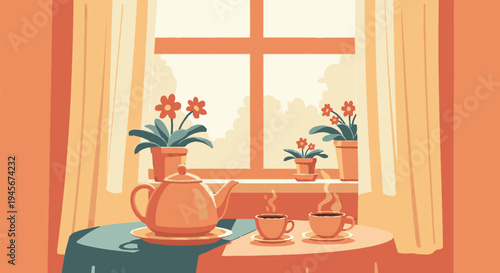 Teapot and Tea Cups on Table.