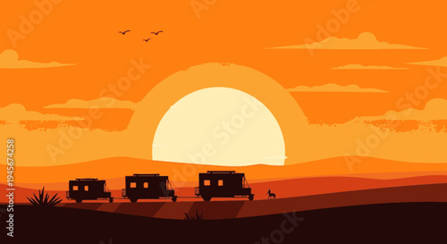 Three Vehicles Traveling at Sunset on Terrain.