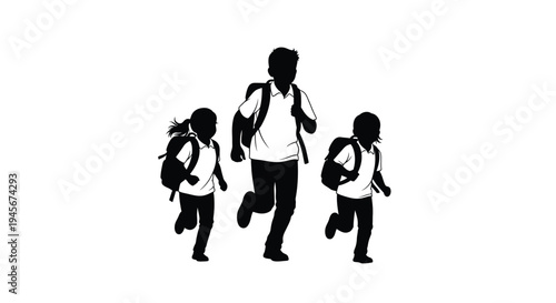 Children walking with backpacks a striking black silhouette