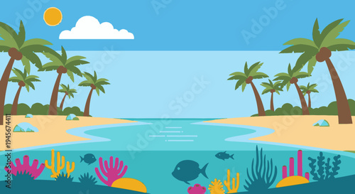 Tropical Beach Scene with Coral Reef.