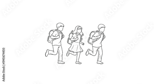 Children running with backpacks a charming black outline silhouette