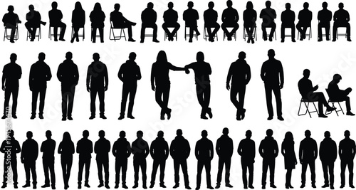 People silhouette collection with standing and sitting men and women, diverse human poses, crowd characters, lifestyle posture set isolated illustration