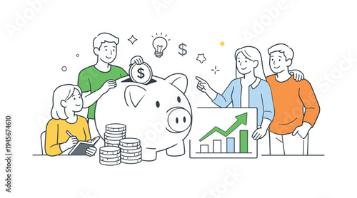 Family saving money together with piggy bank and growing financial chart. A diverse group of people collaborates on financial planning, contributing to a piggy bank and observing a