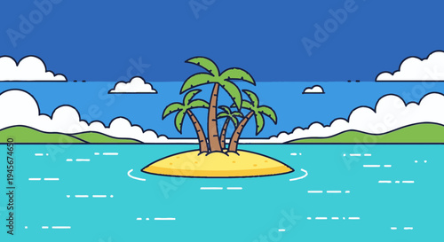 Tropical Island with Palm Trees Paradise Scene.