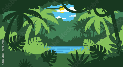Tropical Jungle Scene with Palm Trees.