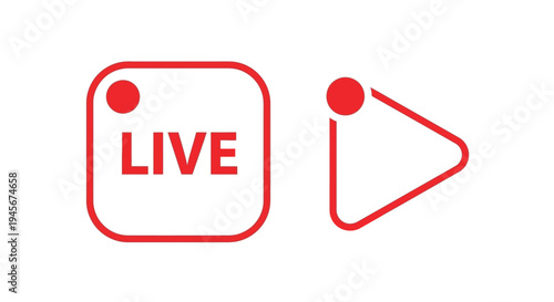 Red live stream icons with a circular and triangular outline silhouette