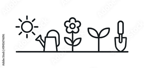 Gardening icons showing sun, watering can, flower, sprout, and shovel. A simple line art illustration depicting the essential elements of gardening, from sunlight and watering to