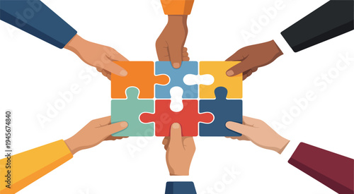 Hands of diverse business people connecting puzzle pieces symbolizing teamwork partnership collaboration and problem solving isolated vector illustration