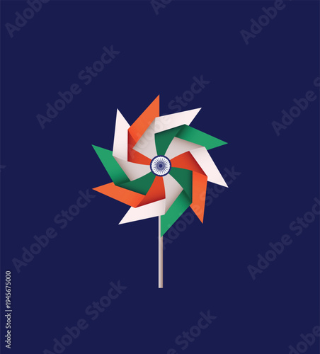 Indian tricolor pinwheel symbolizing patriotism celebration independence creativity decorative toy vector illustration