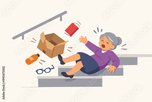 Elderly woman falling down the stairs while carrying a cardboard box, book, and bottle. Senior citizen accident at home, stumbling and slipping on steps. Simple flat vector illustration design.